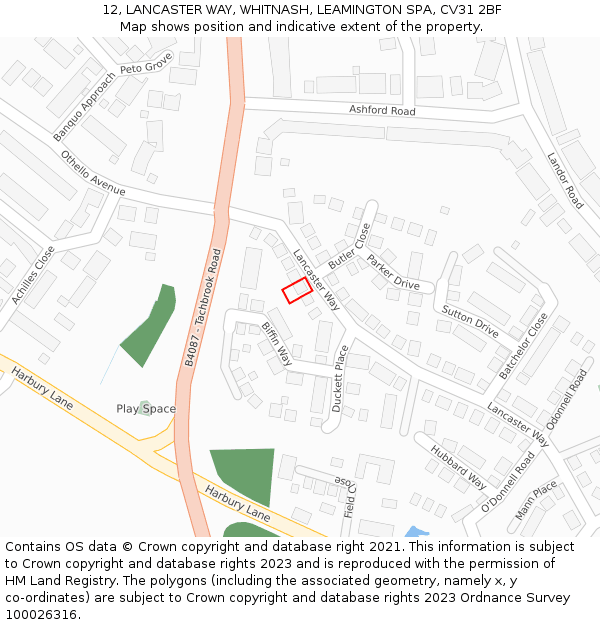 12, LANCASTER WAY, WHITNASH, LEAMINGTON SPA, CV31 2BF: Location map and indicative extent of plot