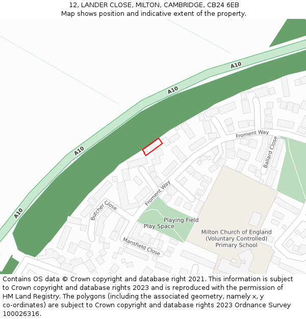 12, LANDER CLOSE, MILTON, CAMBRIDGE, CB24 6EB: Location map and indicative extent of plot