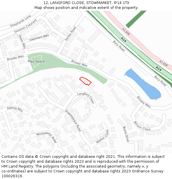 12, LANGFORD CLOSE, STOWMARKET, IP14 1TX: Location map and indicative extent of plot
