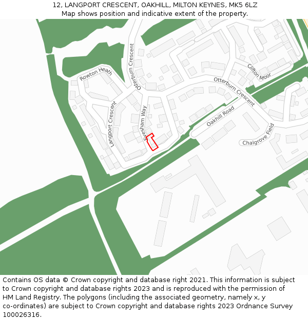 12, LANGPORT CRESCENT, OAKHILL, MILTON KEYNES, MK5 6LZ: Location map and indicative extent of plot