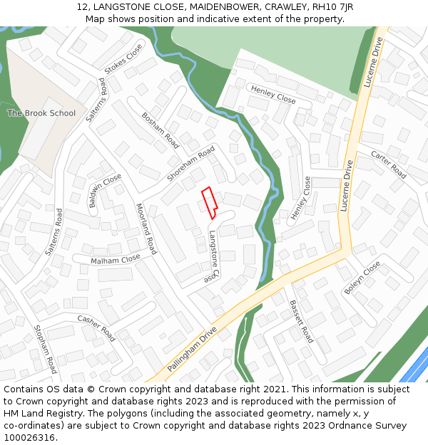 12, LANGSTONE CLOSE, MAIDENBOWER, CRAWLEY, RH10 7JR: Location map and indicative extent of plot