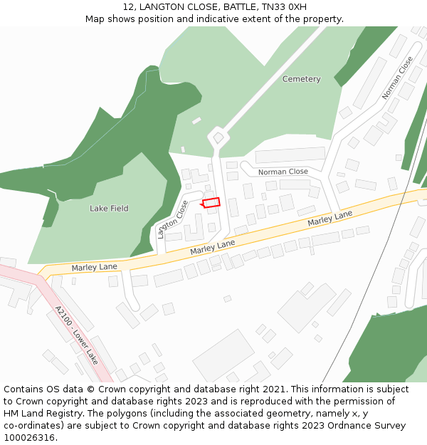 12, LANGTON CLOSE, BATTLE, TN33 0XH: Location map and indicative extent of plot