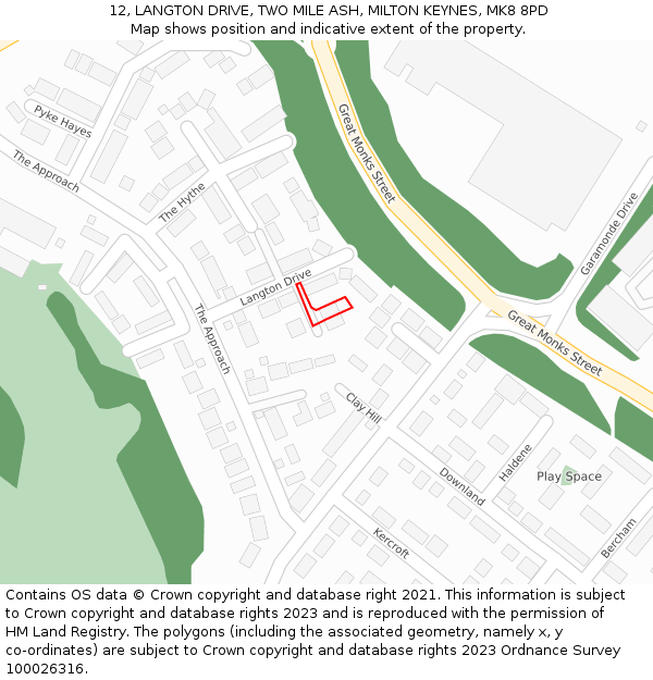 12, LANGTON DRIVE, TWO MILE ASH, MILTON KEYNES, MK8 8PD: Location map and indicative extent of plot