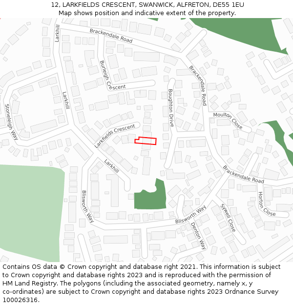 12, LARKFIELDS CRESCENT, SWANWICK, ALFRETON, DE55 1EU: Location map and indicative extent of plot