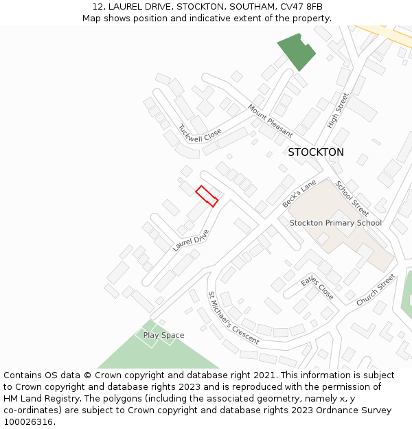 12, LAUREL DRIVE, STOCKTON, SOUTHAM, CV47 8FB: Location map and indicative extent of plot