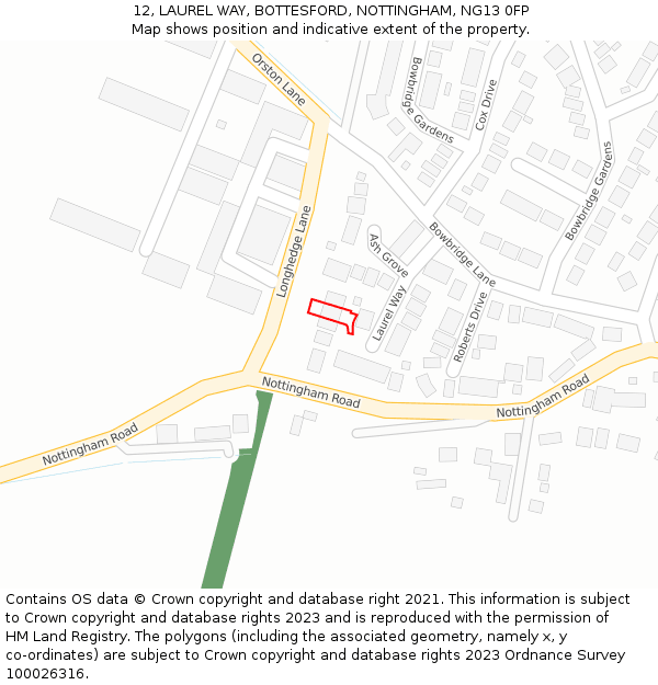 12, LAUREL WAY, BOTTESFORD, NOTTINGHAM, NG13 0FP: Location map and indicative extent of plot