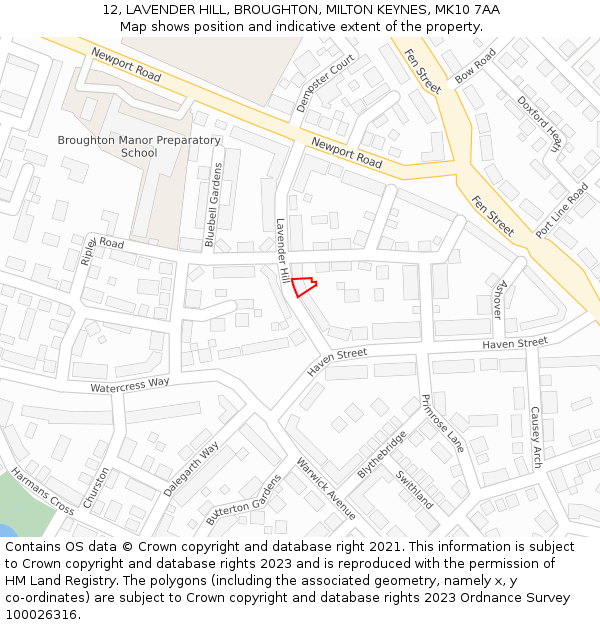 12, LAVENDER HILL, BROUGHTON, MILTON KEYNES, MK10 7AA: Location map and indicative extent of plot