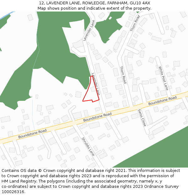 12, LAVENDER LANE, ROWLEDGE, FARNHAM, GU10 4AX: Location map and indicative extent of plot