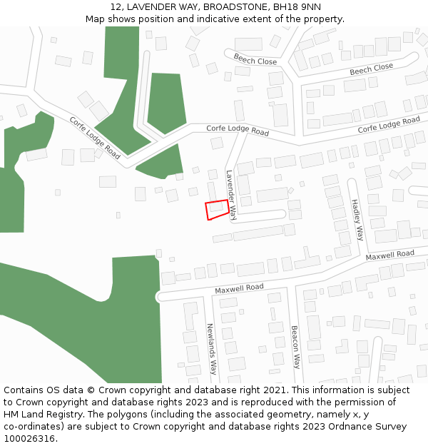 12, LAVENDER WAY, BROADSTONE, BH18 9NN: Location map and indicative extent of plot
