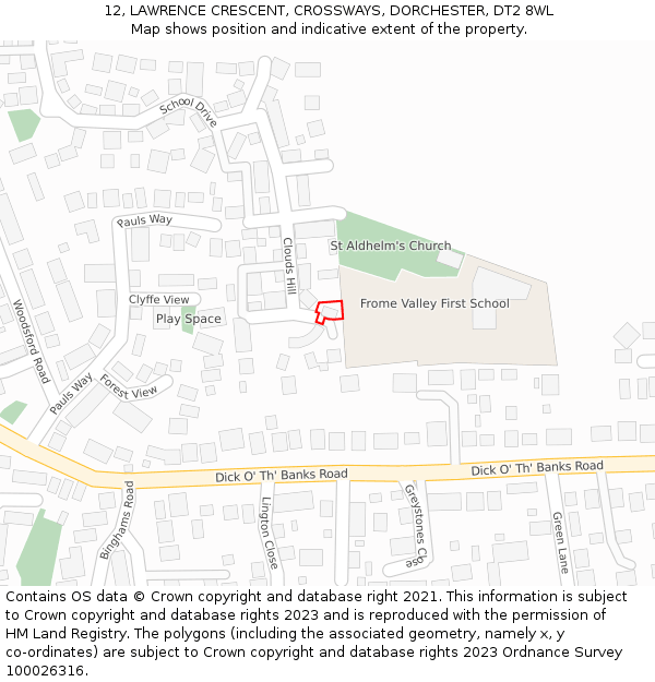 12, LAWRENCE CRESCENT, CROSSWAYS, DORCHESTER, DT2 8WL: Location map and indicative extent of plot