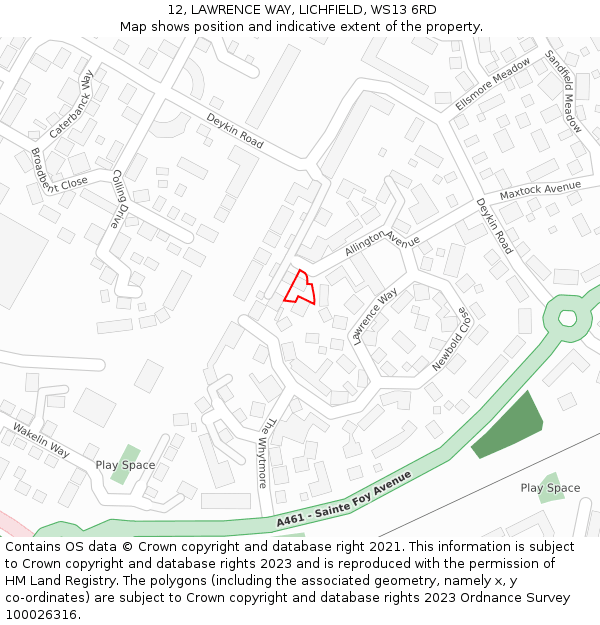 12, LAWRENCE WAY, LICHFIELD, WS13 6RD: Location map and indicative extent of plot