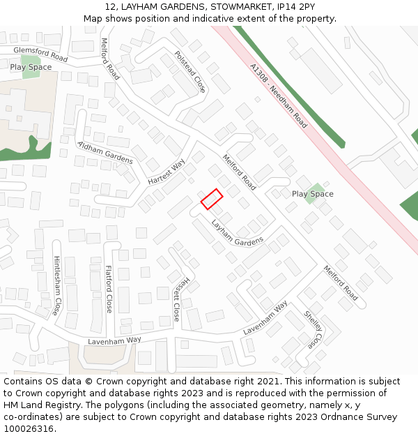 12, LAYHAM GARDENS, STOWMARKET, IP14 2PY: Location map and indicative extent of plot