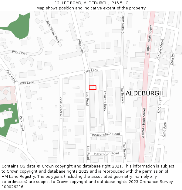 12, LEE ROAD, ALDEBURGH, IP15 5HG: Location map and indicative extent of plot