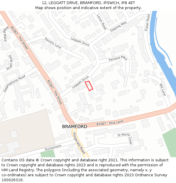 12, LEGGATT DRIVE, BRAMFORD, IPSWICH, IP8 4ET: Location map and indicative extent of plot