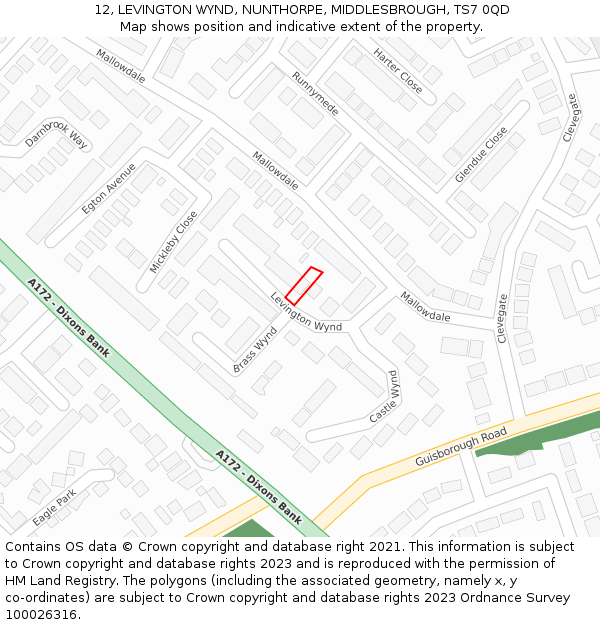 12, LEVINGTON WYND, NUNTHORPE, MIDDLESBROUGH, TS7 0QD: Location map and indicative extent of plot