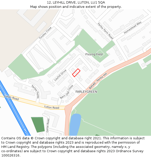 12, LEYHILL DRIVE, LUTON, LU1 5QA: Location map and indicative extent of plot