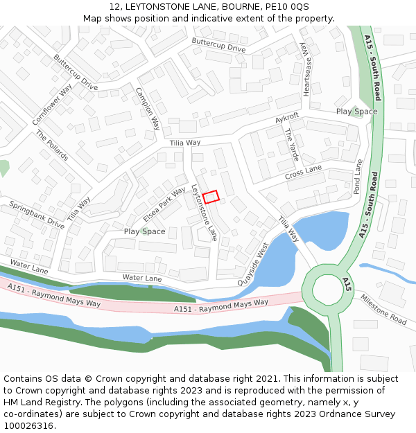 12, LEYTONSTONE LANE, BOURNE, PE10 0QS: Location map and indicative extent of plot