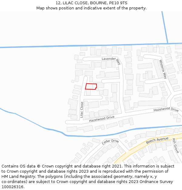 12, LILAC CLOSE, BOURNE, PE10 9TS: Location map and indicative extent of plot