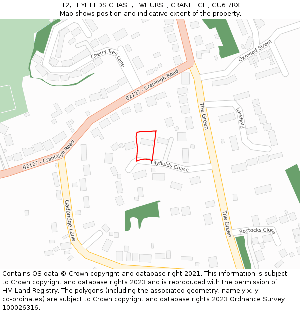 12, LILYFIELDS CHASE, EWHURST, CRANLEIGH, GU6 7RX: Location map and indicative extent of plot