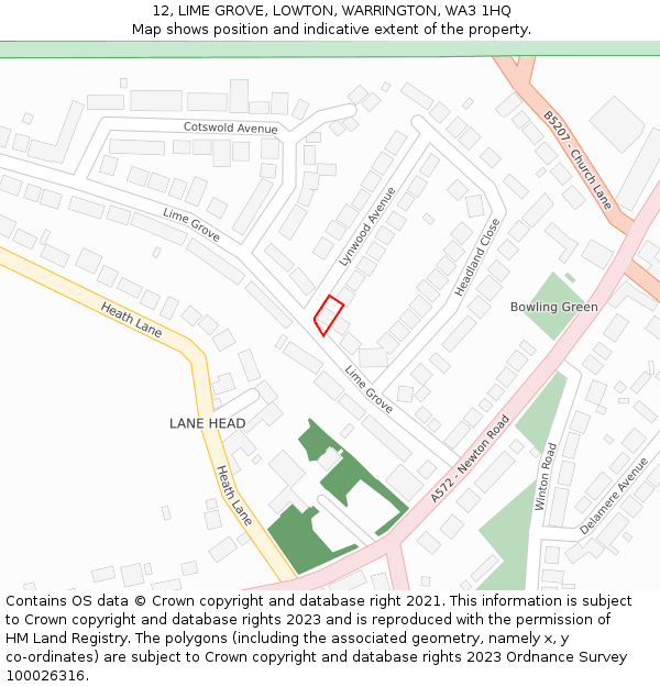 12, LIME GROVE, LOWTON, WARRINGTON, WA3 1HQ: Location map and indicative extent of plot