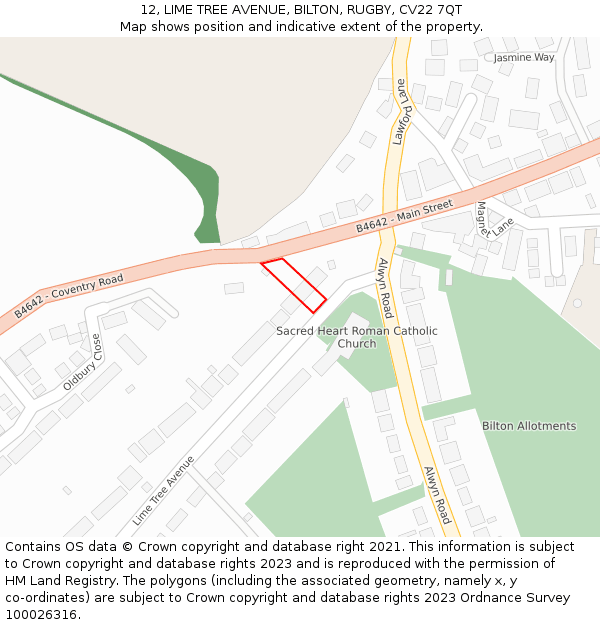 12, LIME TREE AVENUE, BILTON, RUGBY, CV22 7QT: Location map and indicative extent of plot