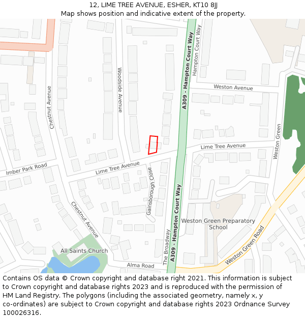 12, LIME TREE AVENUE, ESHER, KT10 8JJ: Location map and indicative extent of plot