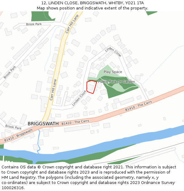 12, LINDEN CLOSE, BRIGGSWATH, WHITBY, YO21 1TA: Location map and indicative extent of plot