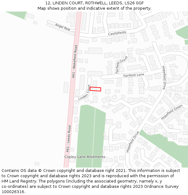 12, LINDEN COURT, ROTHWELL, LEEDS, LS26 0GF: Location map and indicative extent of plot