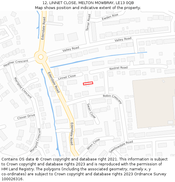 12, LINNET CLOSE, MELTON MOWBRAY, LE13 0QB: Location map and indicative extent of plot