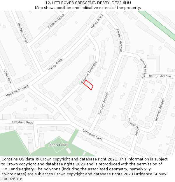 12, LITTLEOVER CRESCENT, DERBY, DE23 6HU: Location map and indicative extent of plot