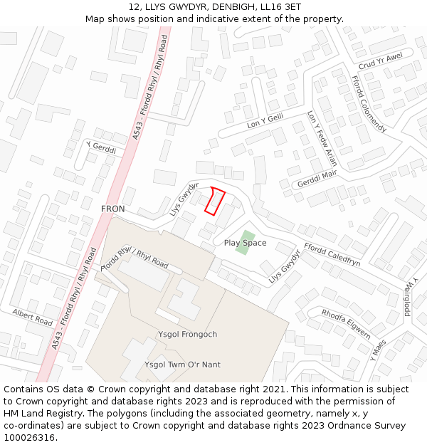 12, LLYS GWYDYR, DENBIGH, LL16 3ET: Location map and indicative extent of plot