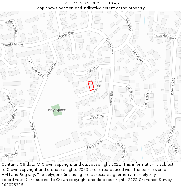 12, LLYS SION, RHYL, LL18 4JY: Location map and indicative extent of plot