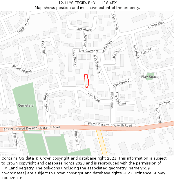 12, LLYS TEGID, RHYL, LL18 4EX: Location map and indicative extent of plot