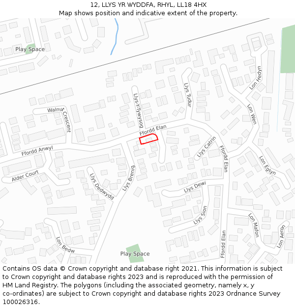 12, LLYS YR WYDDFA, RHYL, LL18 4HX: Location map and indicative extent of plot