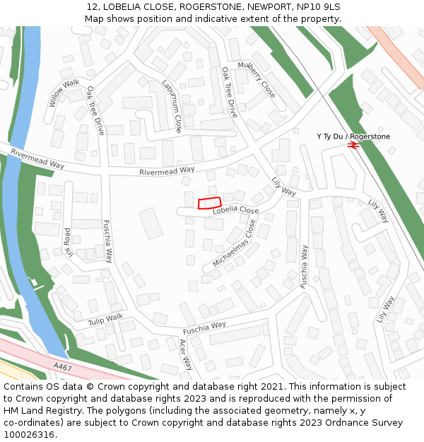 12, LOBELIA CLOSE, ROGERSTONE, NEWPORT, NP10 9LS: Location map and indicative extent of plot