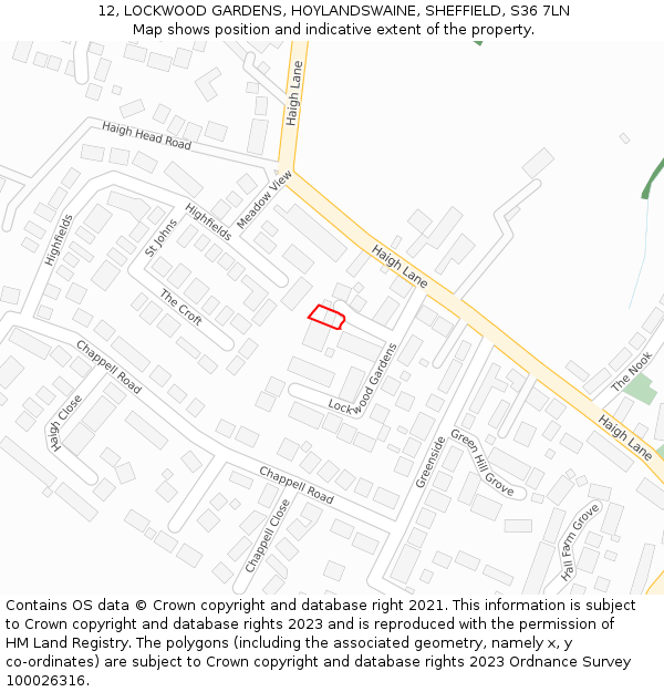 12, LOCKWOOD GARDENS, HOYLANDSWAINE, SHEFFIELD, S36 7LN: Location map and indicative extent of plot