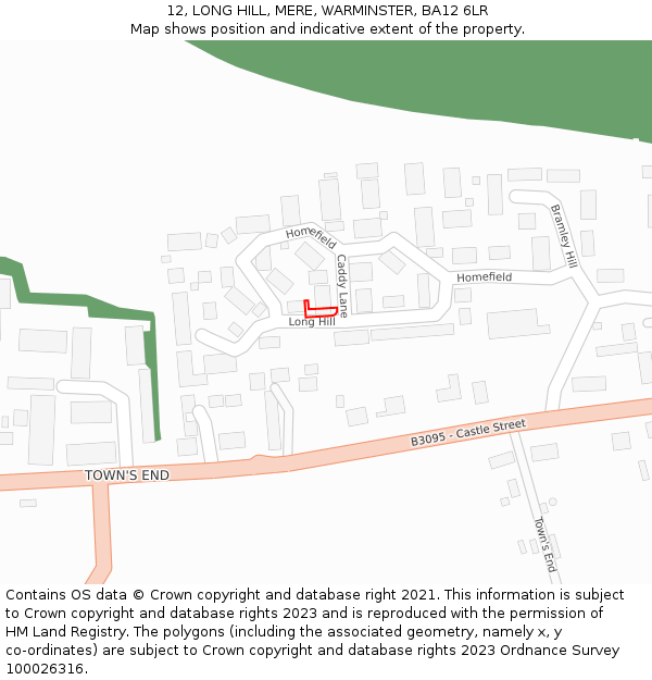12, LONG HILL, MERE, WARMINSTER, BA12 6LR: Location map and indicative extent of plot