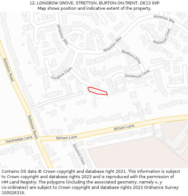 12, LONGBOW GROVE, STRETTON, BURTON-ON-TRENT, DE13 0XP: Location map and indicative extent of plot