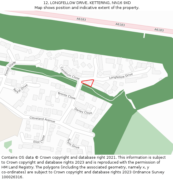 12, LONGFELLOW DRIVE, KETTERING, NN16 9XD: Location map and indicative extent of plot