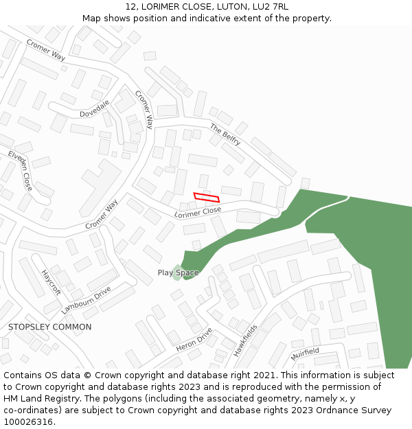 12, LORIMER CLOSE, LUTON, LU2 7RL: Location map and indicative extent of plot