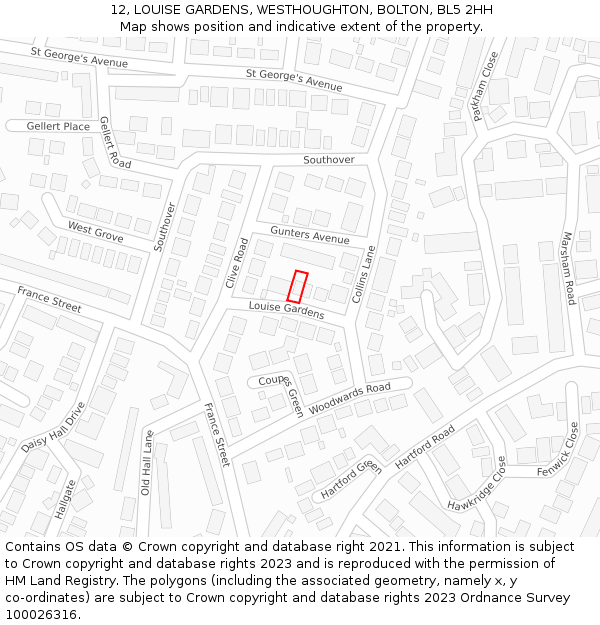 12, LOUISE GARDENS, WESTHOUGHTON, BOLTON, BL5 2HH: Location map and indicative extent of plot