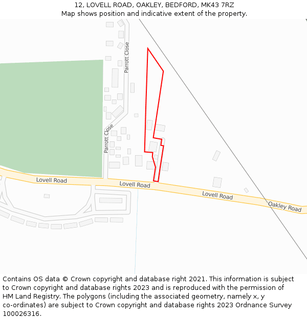 12, LOVELL ROAD, OAKLEY, BEDFORD, MK43 7RZ: Location map and indicative extent of plot