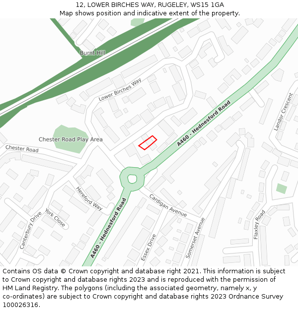 12, LOWER BIRCHES WAY, RUGELEY, WS15 1GA: Location map and indicative extent of plot