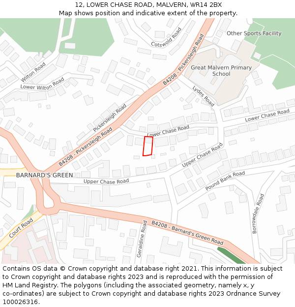 12, LOWER CHASE ROAD, MALVERN, WR14 2BX: Location map and indicative extent of plot