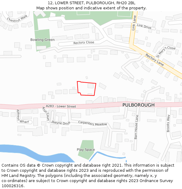 12, LOWER STREET, PULBOROUGH, RH20 2BL: Location map and indicative extent of plot