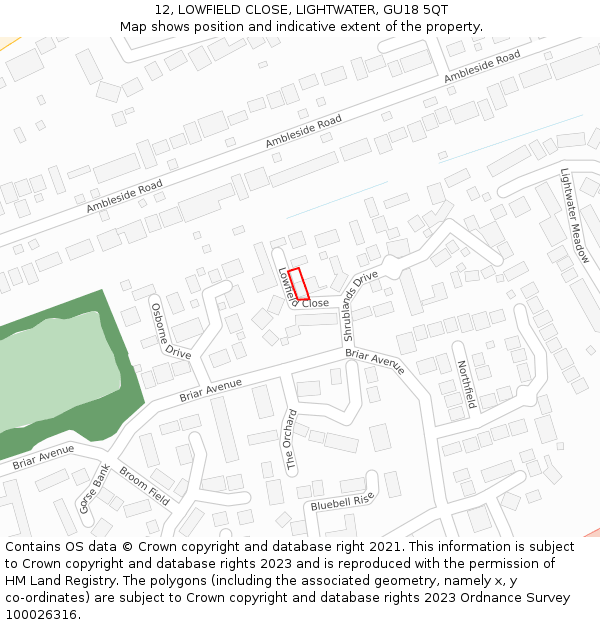 12, LOWFIELD CLOSE, LIGHTWATER, GU18 5QT: Location map and indicative extent of plot