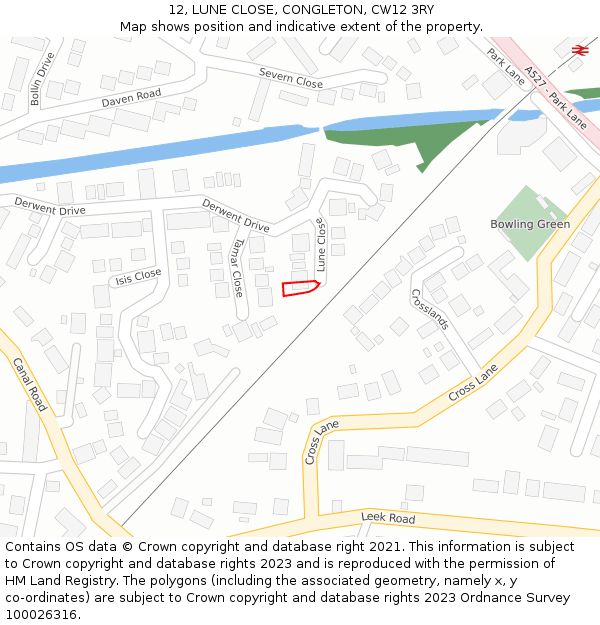 12, LUNE CLOSE, CONGLETON, CW12 3RY: Location map and indicative extent of plot