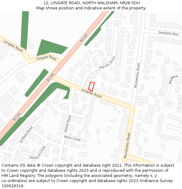 12, LYNGATE ROAD, NORTH WALSHAM, NR28 0DH: Location map and indicative extent of plot