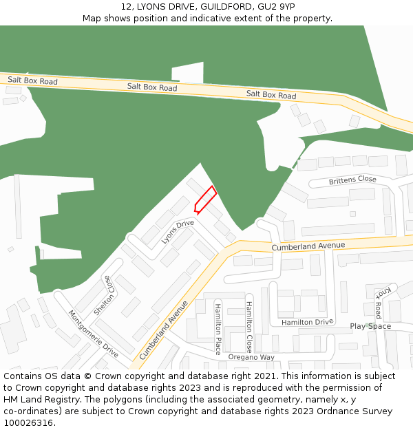 12, LYONS DRIVE, GUILDFORD, GU2 9YP: Location map and indicative extent of plot