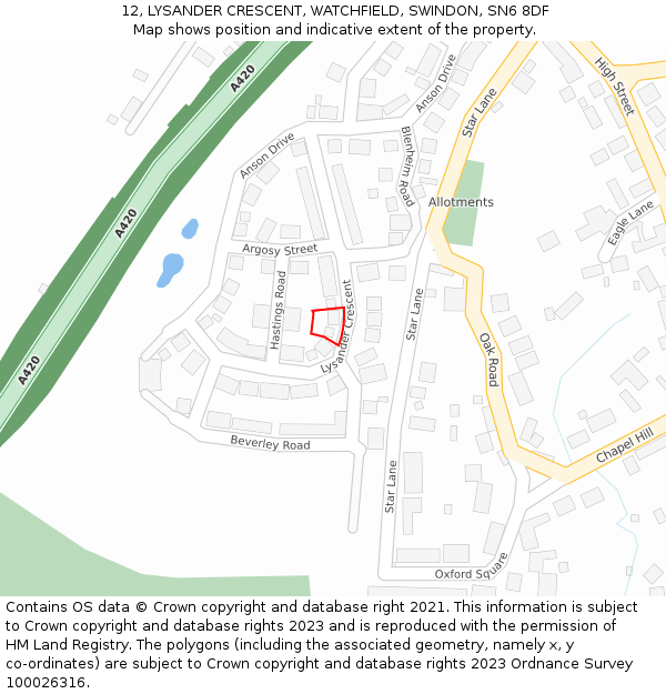 12, LYSANDER CRESCENT, WATCHFIELD, SWINDON, SN6 8DF: Location map and indicative extent of plot